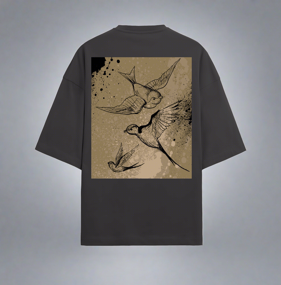 Terry (280 GSM) Golden Birds Black Oversize T-Shirt For Men