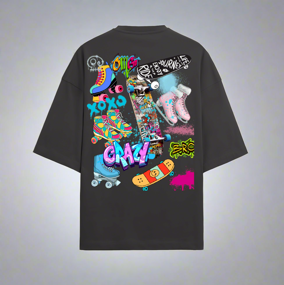 Terry (280 GSM) Messy Skateboard Black Oversize T-Shirt For Men