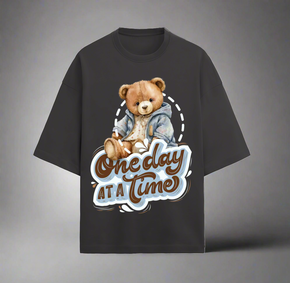 Terry (280 GSM) One Day At A Time Black Oversize T-Shirt For Men