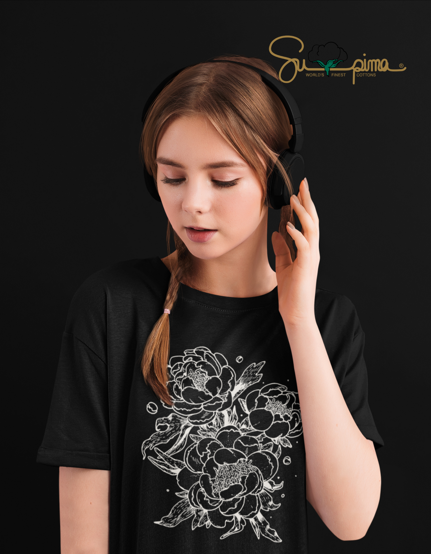 Supima Cotton Flower Illustration Black T-Shirt For Women