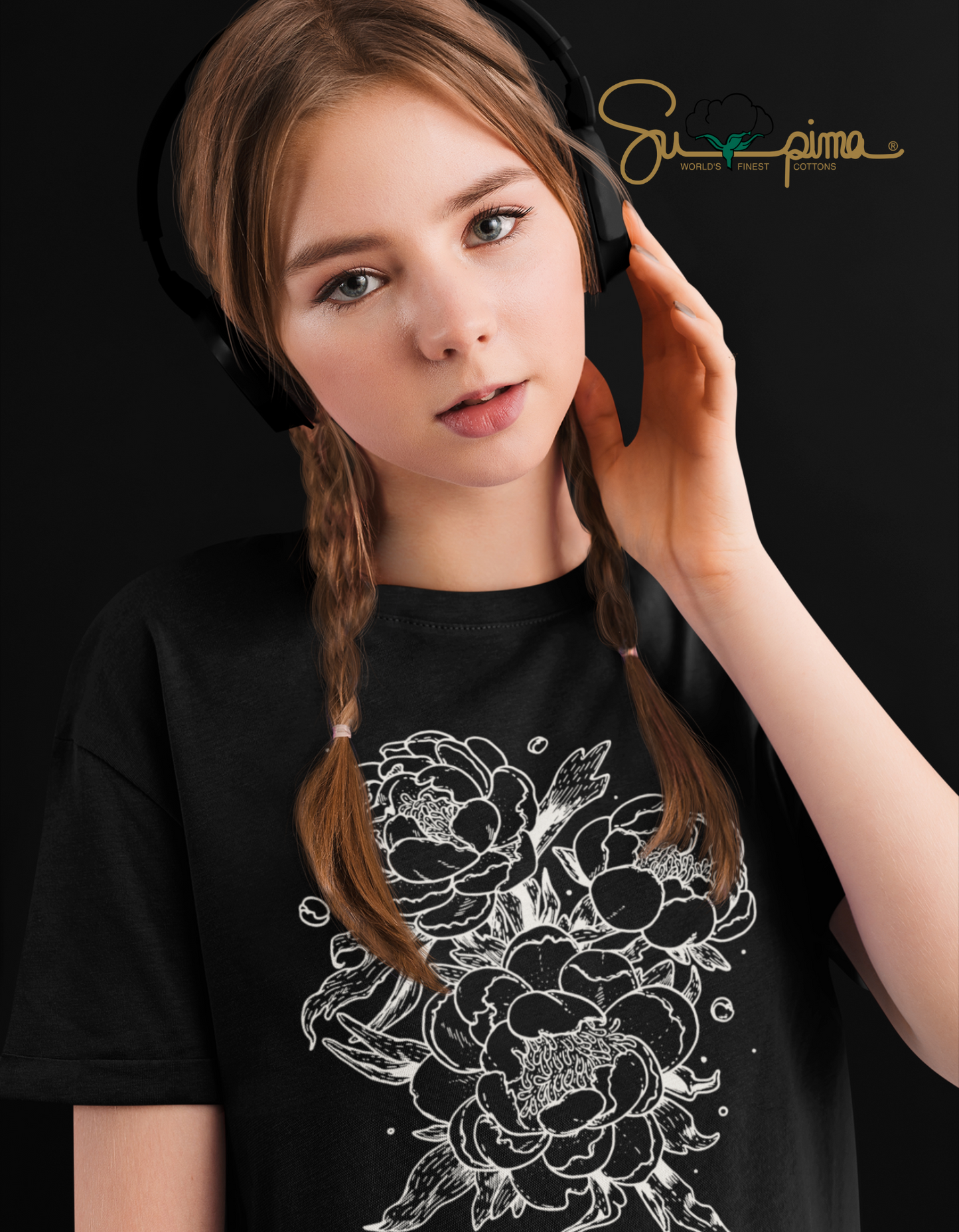 Supima Cotton Flower Illustration Black T-Shirt For Women