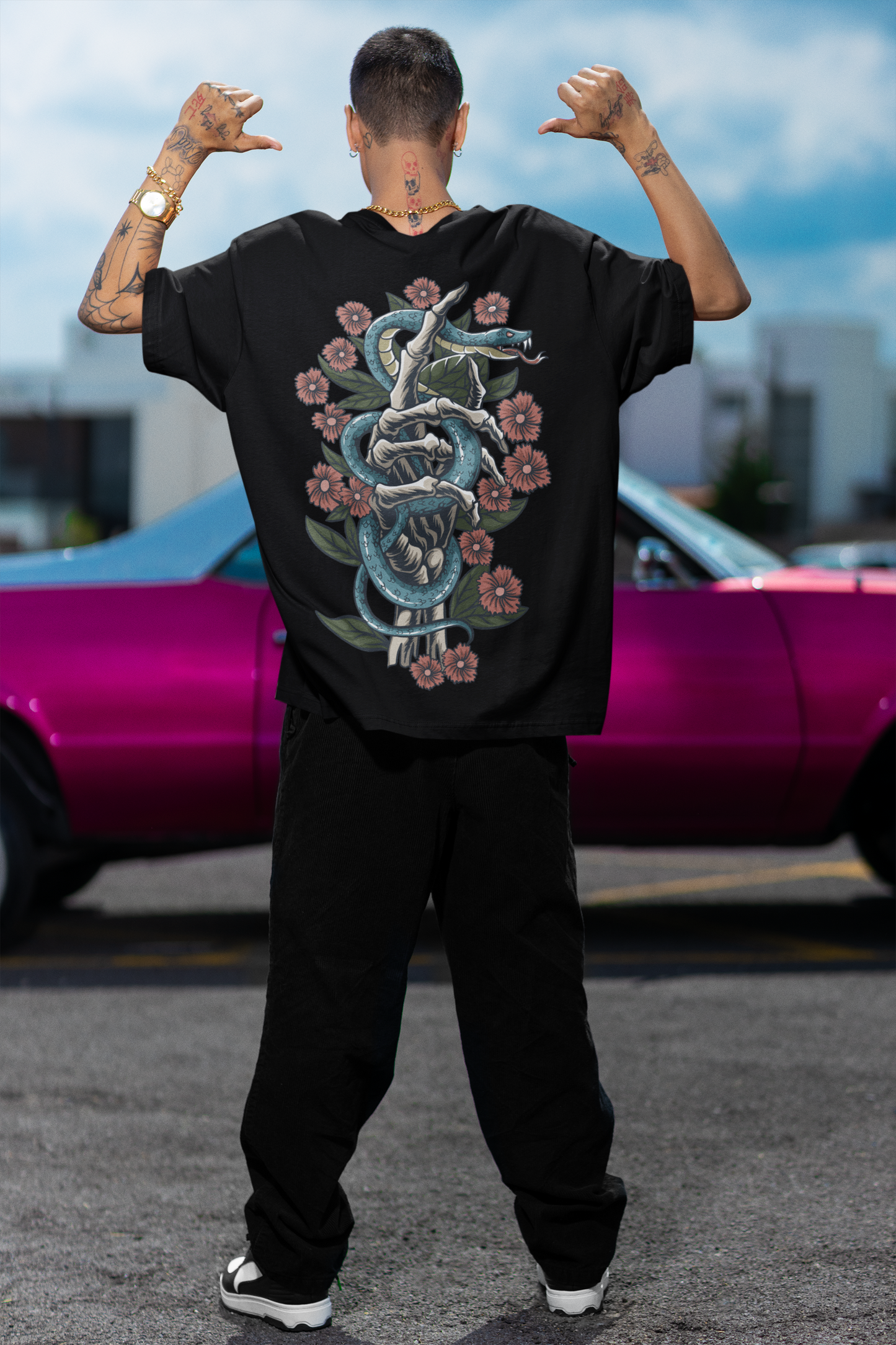Skeleton And Roses Black Oversized T-Shirt For Men