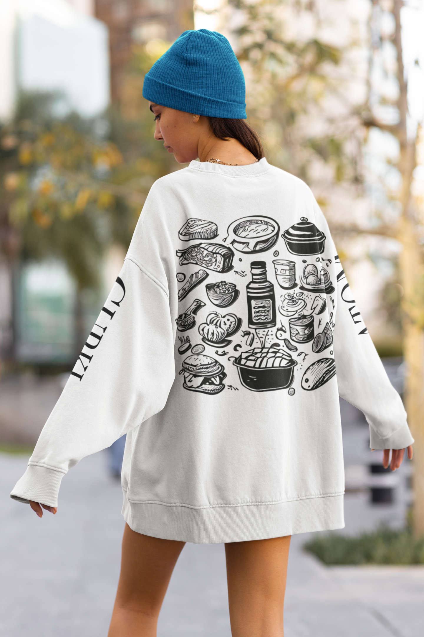 Food Doodle Front And Back Crew Neck Unisex White Sweatshirt | Masterchef Gurkirat Collection