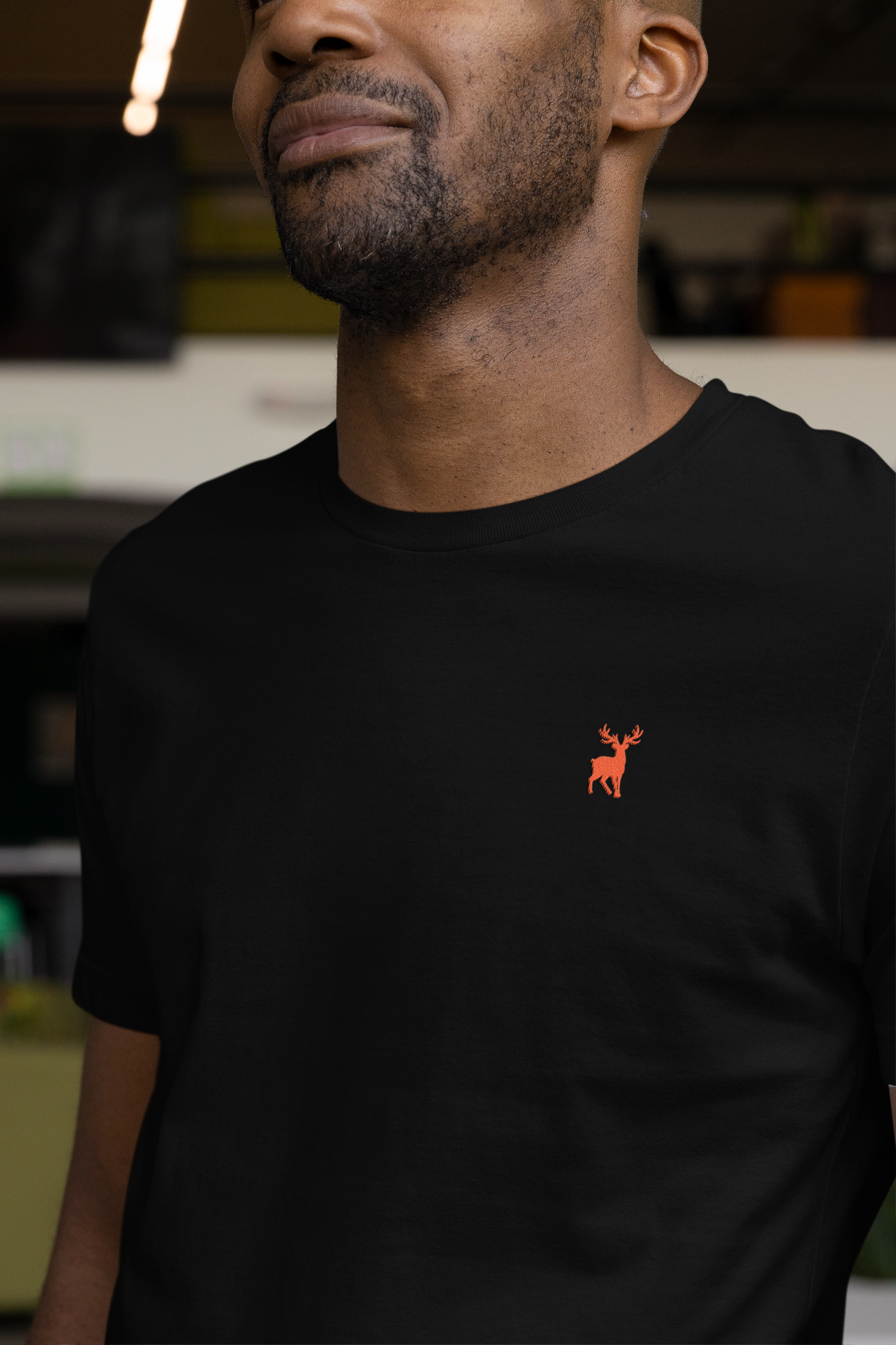 ATOM Deer Mascot Classic Embroidered Orange Logo Basic Black T-Shirt For Men