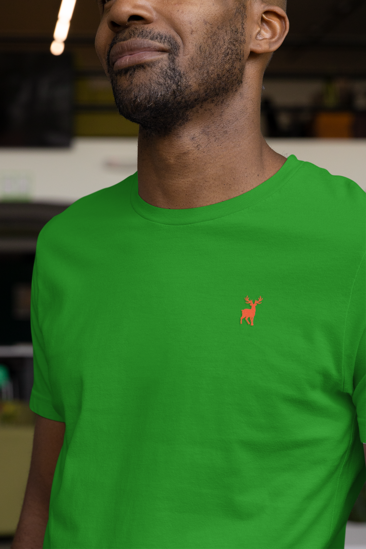 ATOM Deer Mascot Classic Embroidered Orange Logo Basic Flag Green T-Shirt For Men