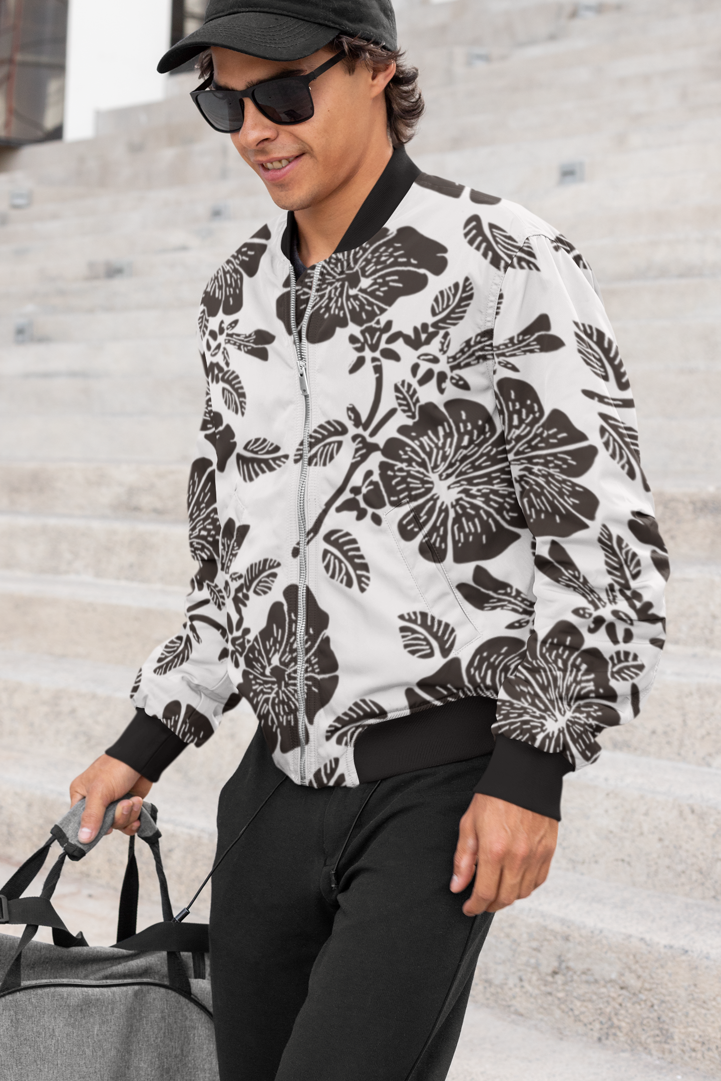 Abstract Flower Pattern Bomber Jacket For Men