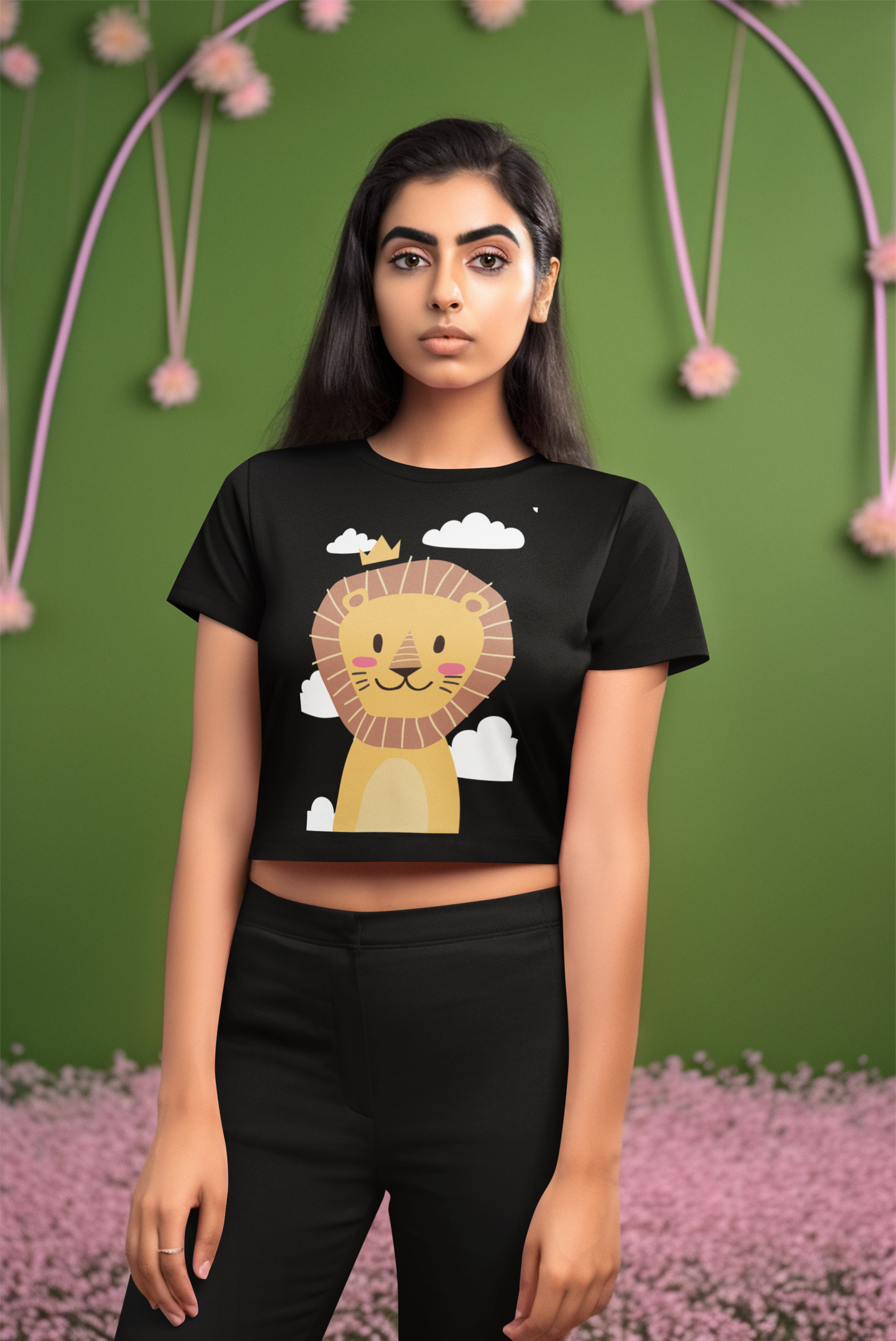 Lion Illustration Black Crop Top For Women