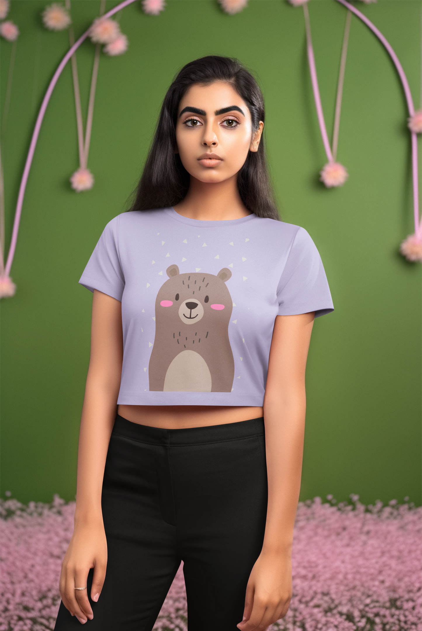 Bear Illustration Lavander Crop Top For Women