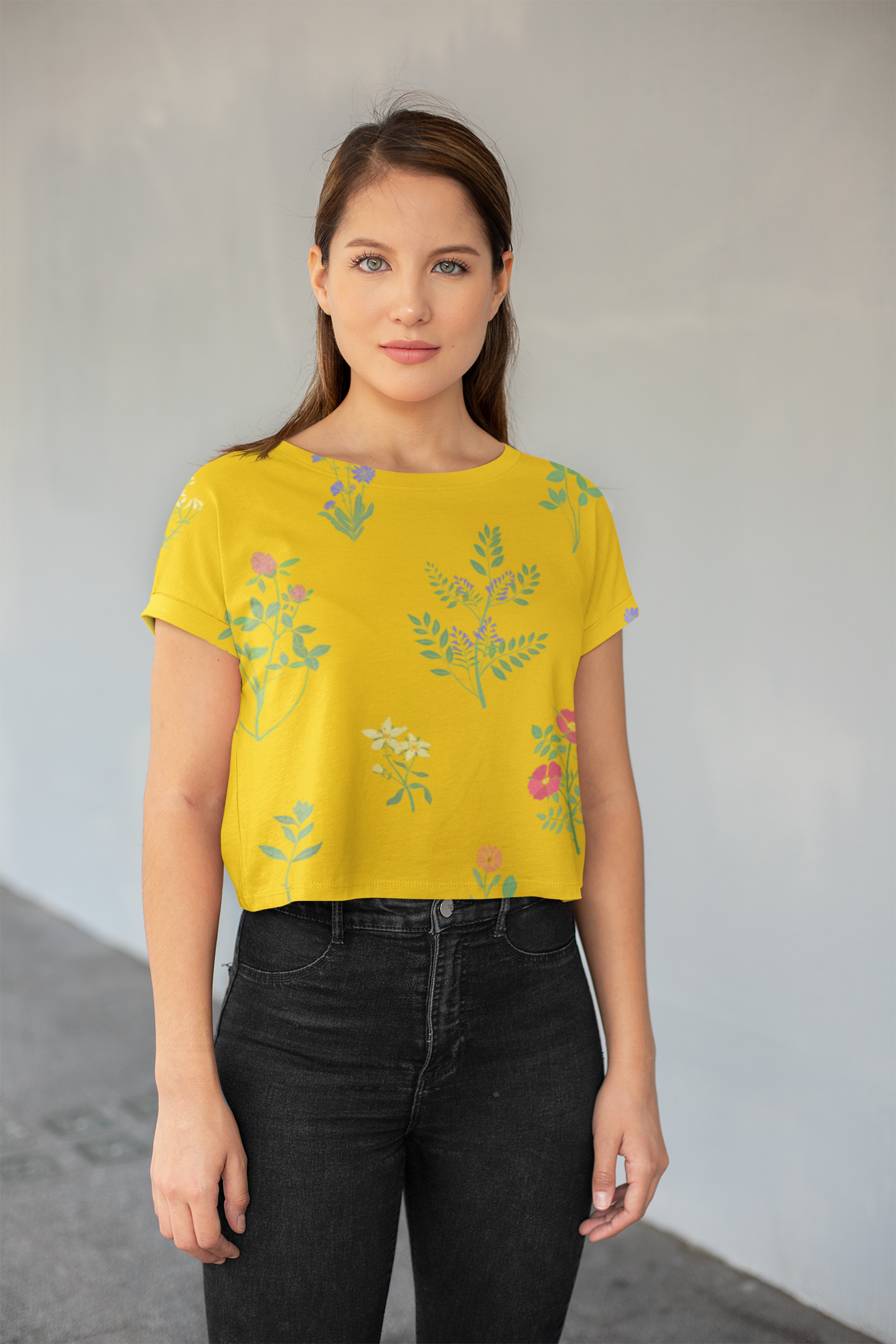 Yellow Sunshine Print Crop Top For Women