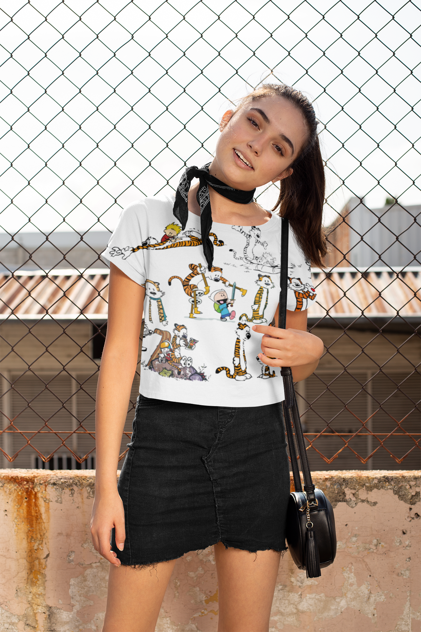 Calvin And Hobbes All Over Print White Crop Top For Women