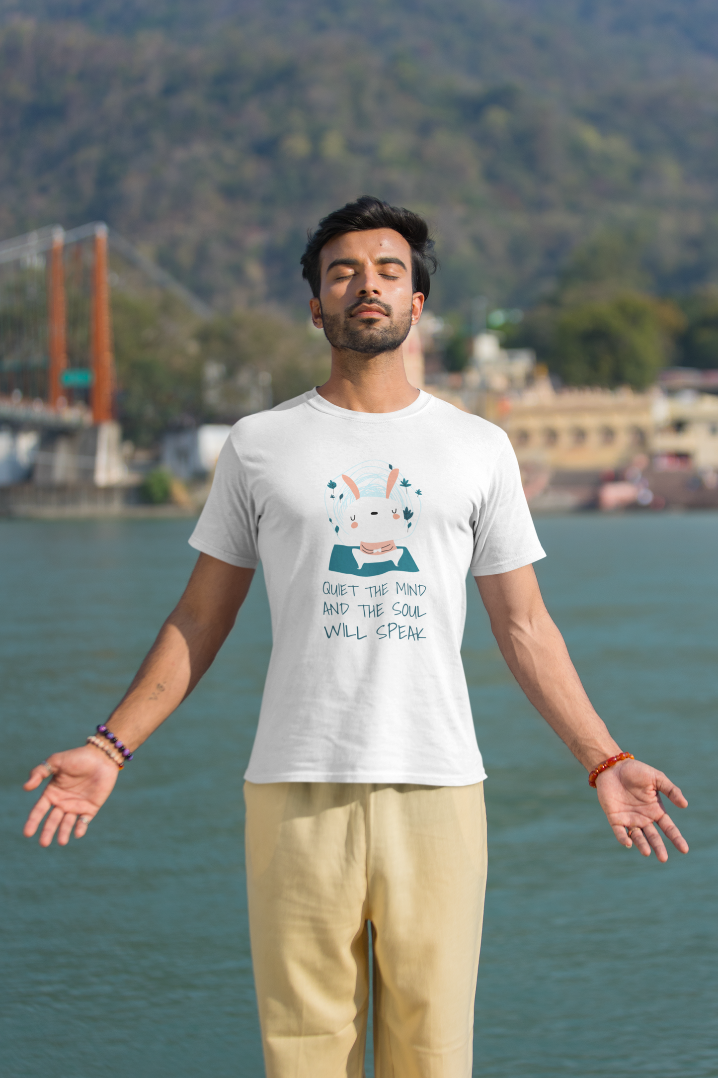 Quit the mind & soul will speak Unisex White T-Shirt | Iris Yog Collection | ATOM