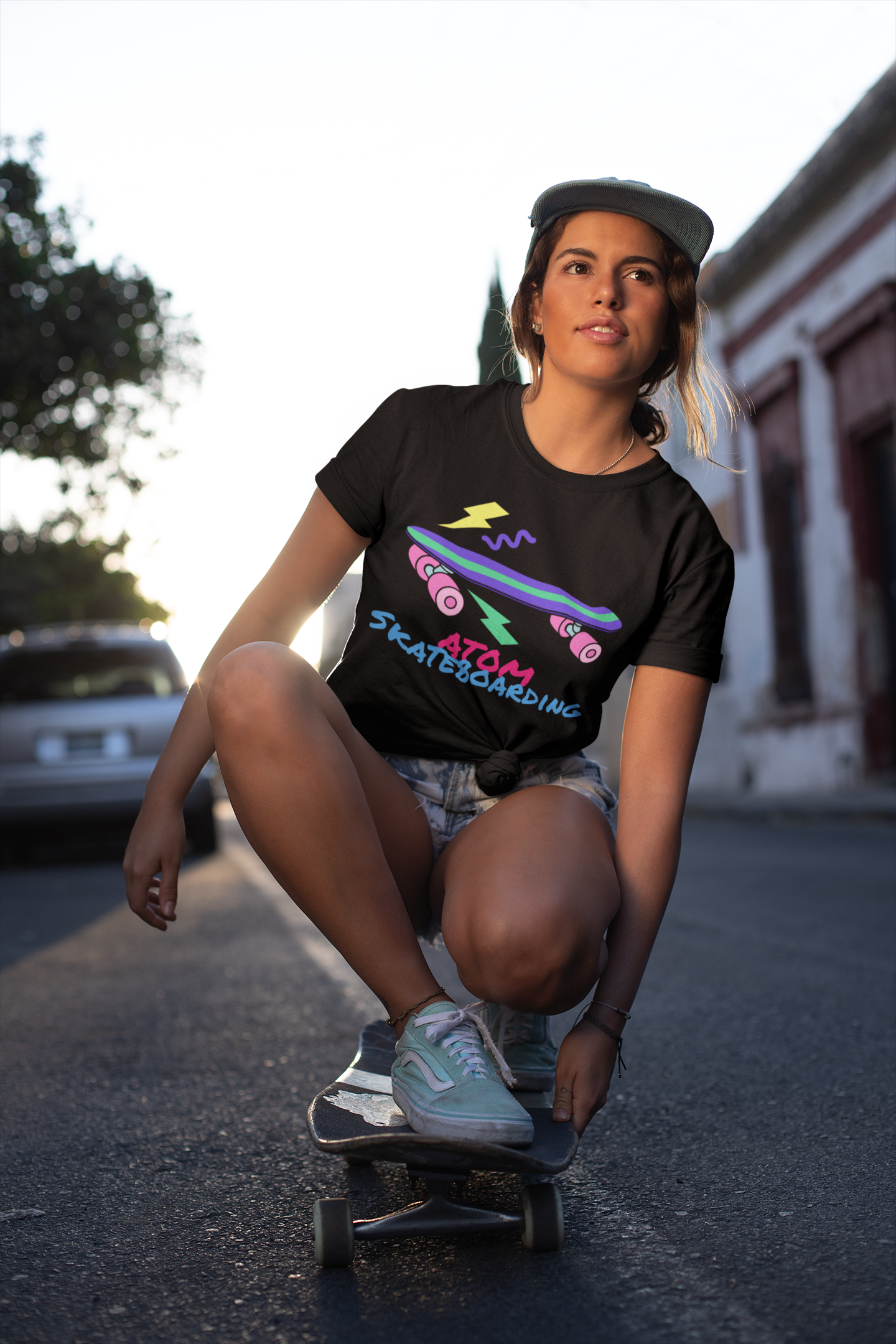 ATOM Signature Skateboarding Black T-Shirt for Women.