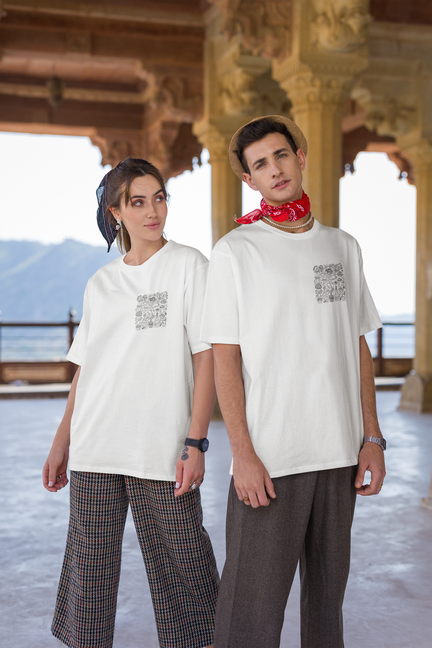 Food Doodle French Terry Oversized White Unisex T-Shirt | Masterchef Gurkirat Collection | ATOM
