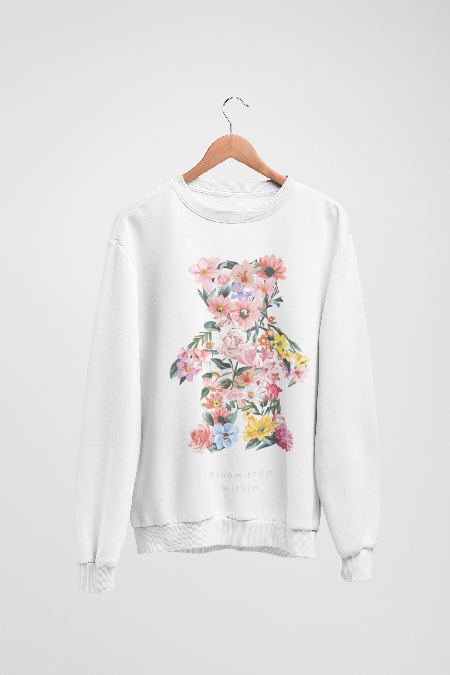 Flowery Teddy Bear White Sweatshirt For Women