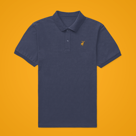 Classic ATOM Yellow Logo Navy Blue Polo Neck T-Shirt For Men