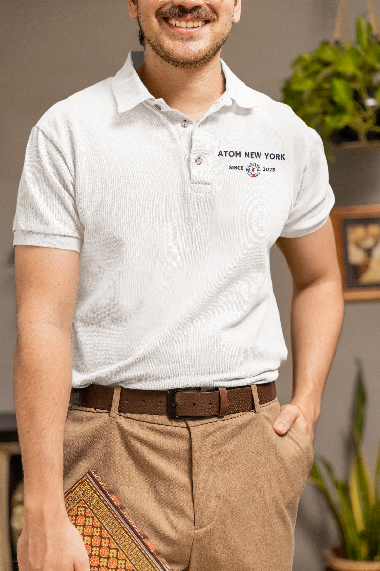 ATOM NEW YORK Since 2023 White Polo Neck T-Shirt For Men