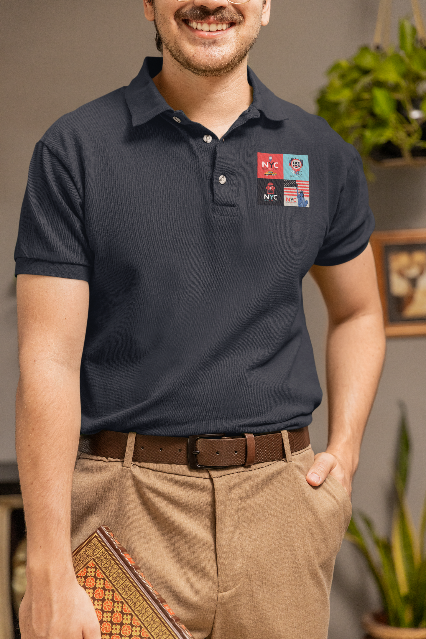 ATOM New York NYC City Navy Blue Polo Neck T-Shirt For Men