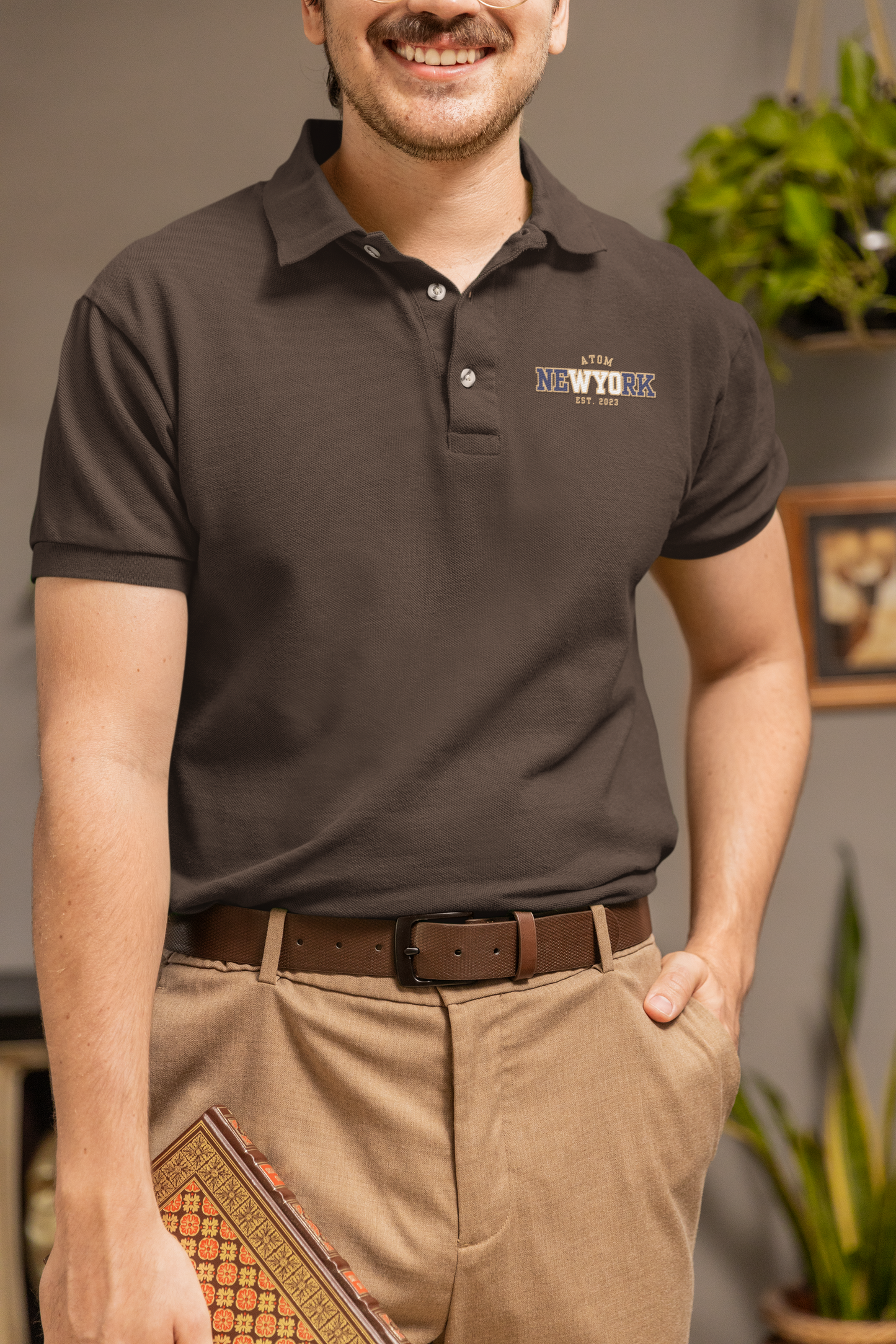 ATOM NEW YORK Est 2023 Coffee Brown Polo Neck T-Shirt For Men