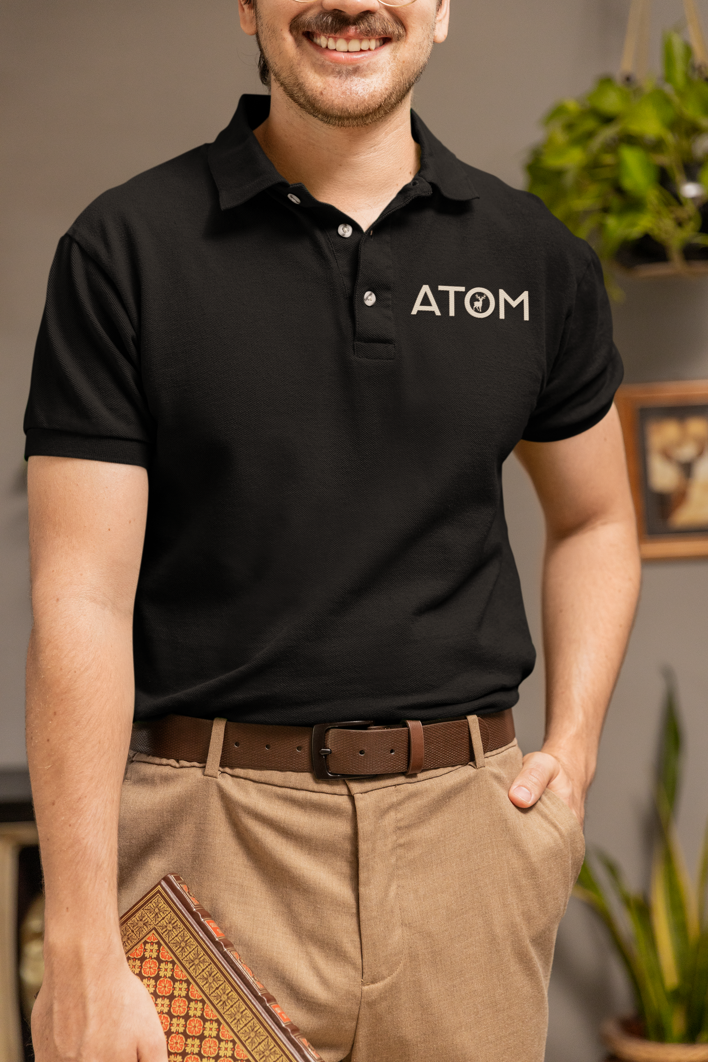 ATOM Beige Logo Black Polo Neck T-Shirt For Men