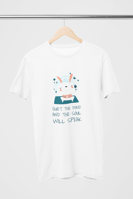 Quit the mind & soul will speak Unisex White T-Shirt | Iris Yog Collection | ATOM
