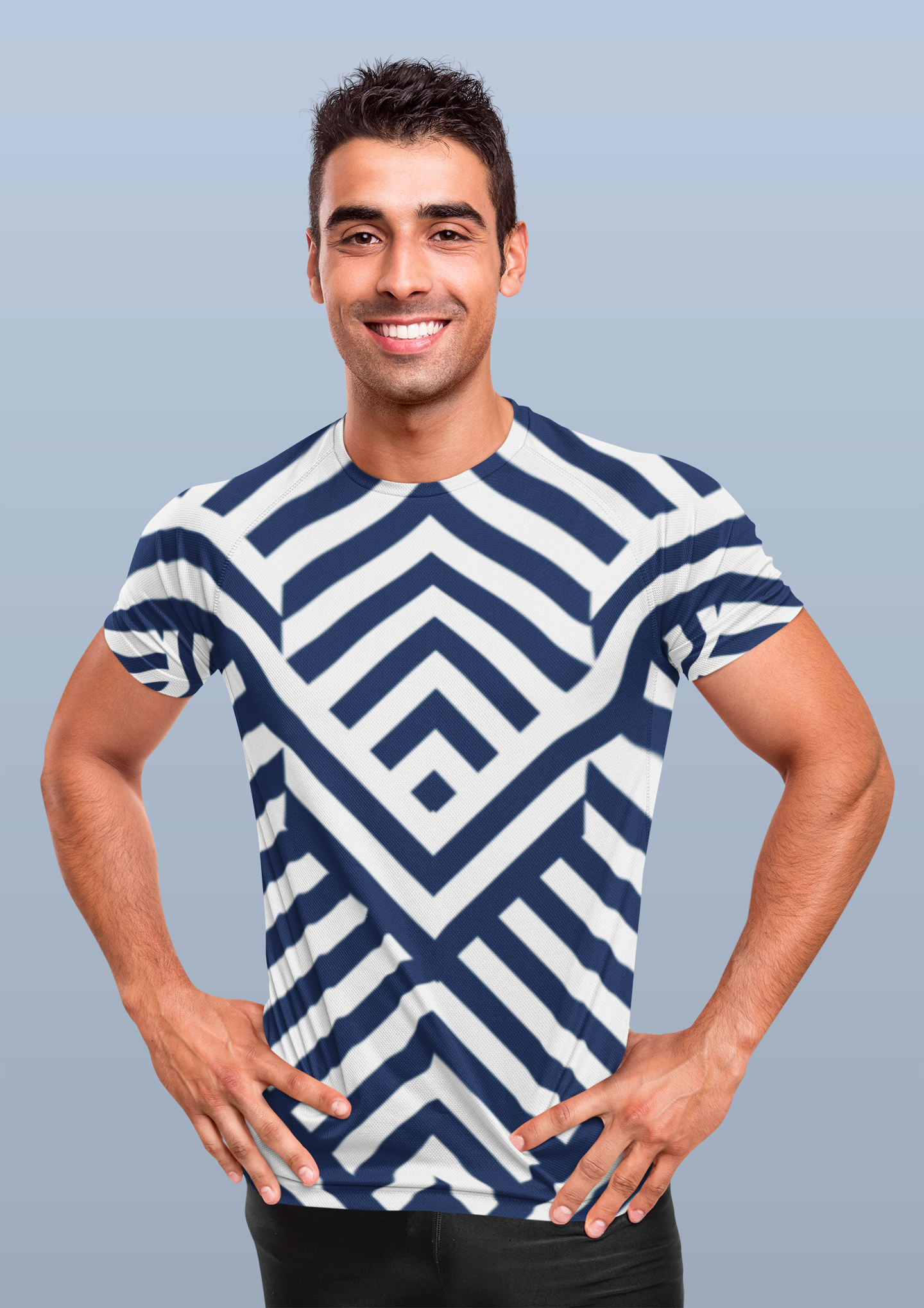 Navy Blue And White Stripes All Over Print T-Shirt For Men