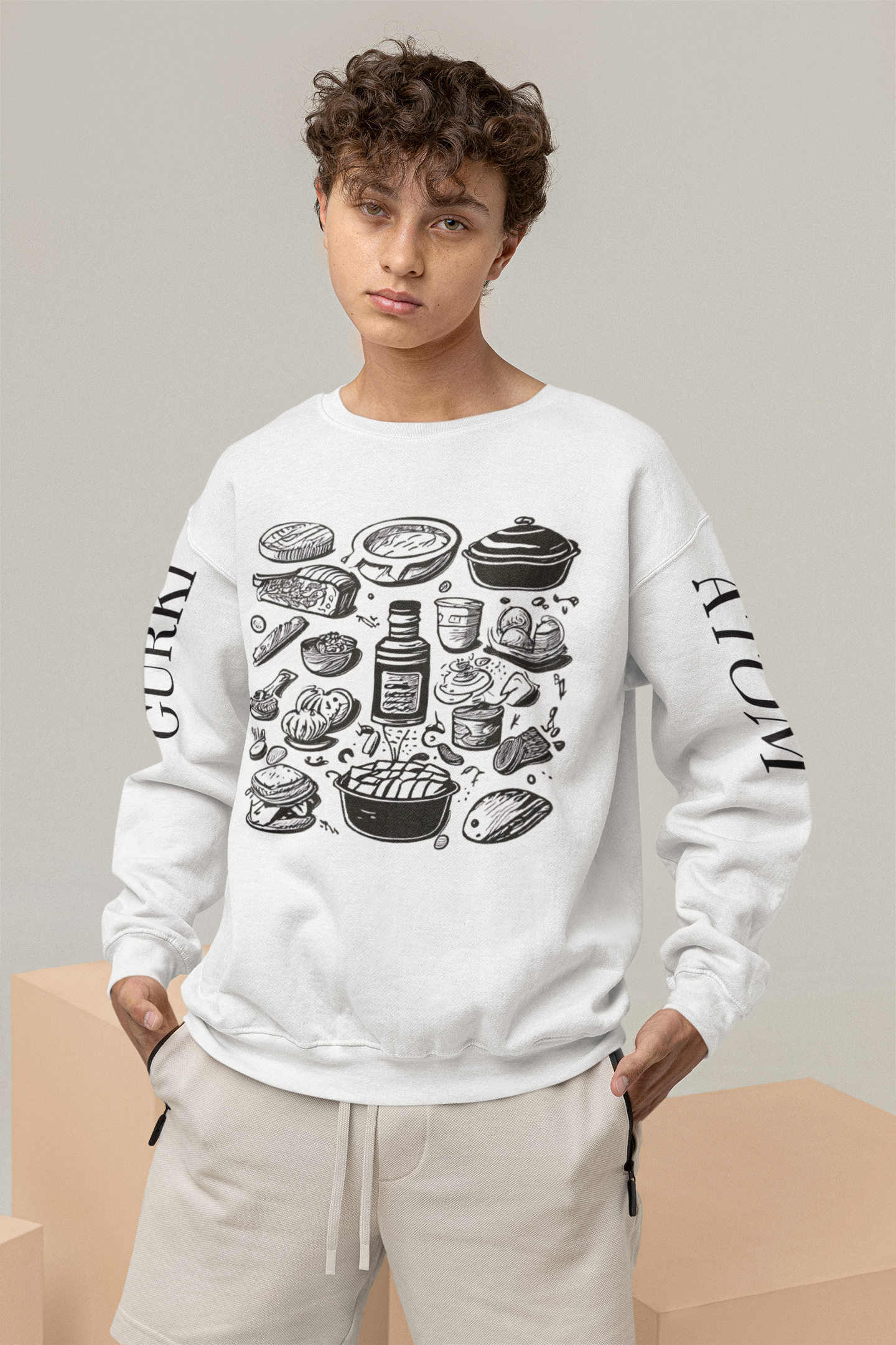 Food Doodle Front And Back Crew Neck Unisex White Sweatshirt | Masterchef Gurkirat Collection