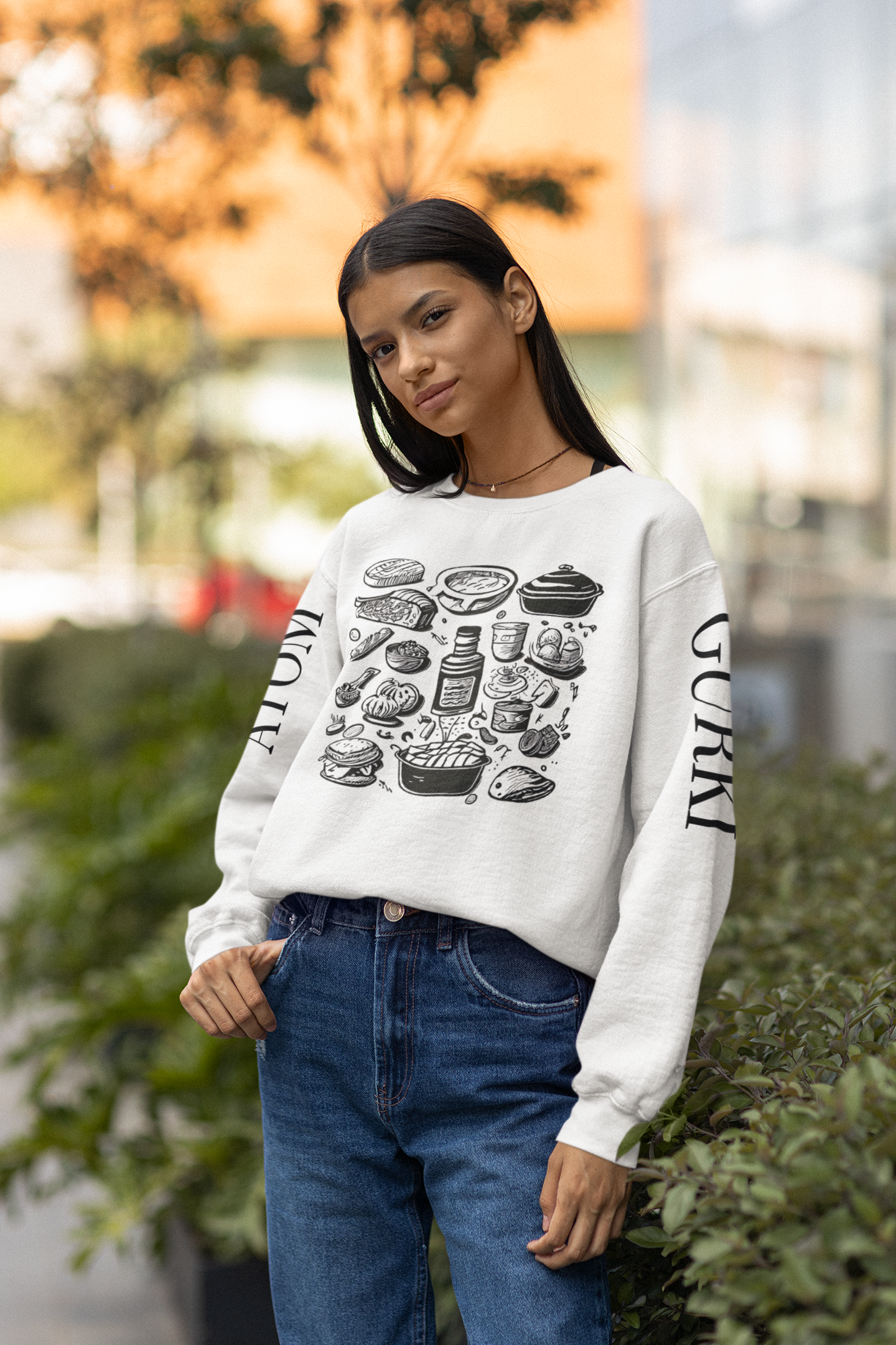 Food Doodle Front And Back Crew Neck Unisex White Sweatshirt | Masterchef Gurkirat Collection