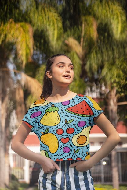 Illustrated Fruits Print Crop Top For Women
