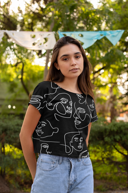 Abstract Faces Print Crop Top For Women
