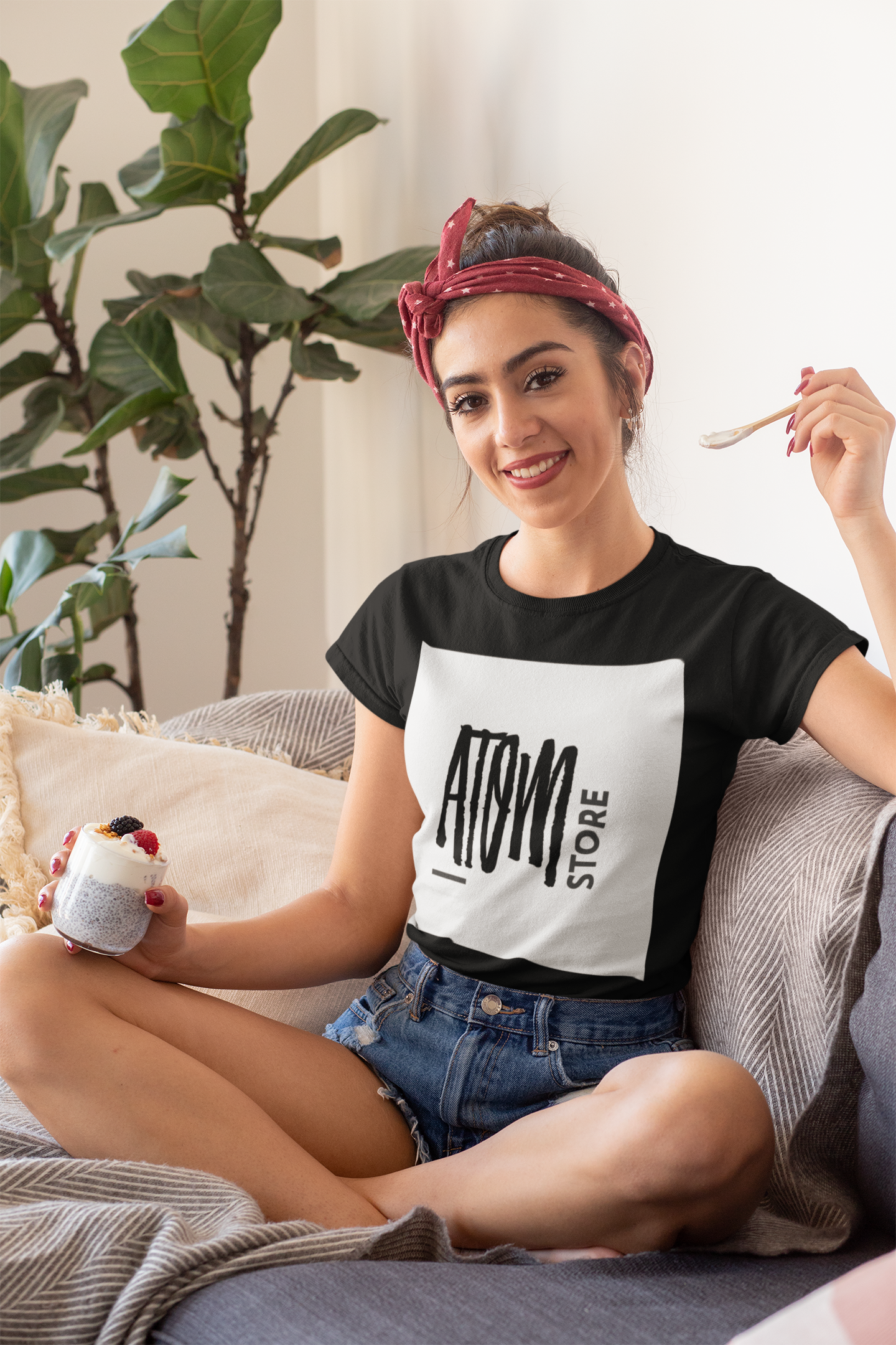 ATOM Signature Store Black T-Shirt for Women.