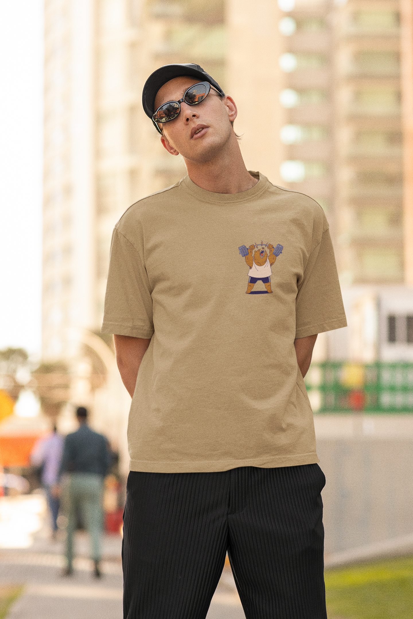 Tough Bear Taupe Oversized Pure Cotton T-Shirt For Men | Tarun Kapoor Collection