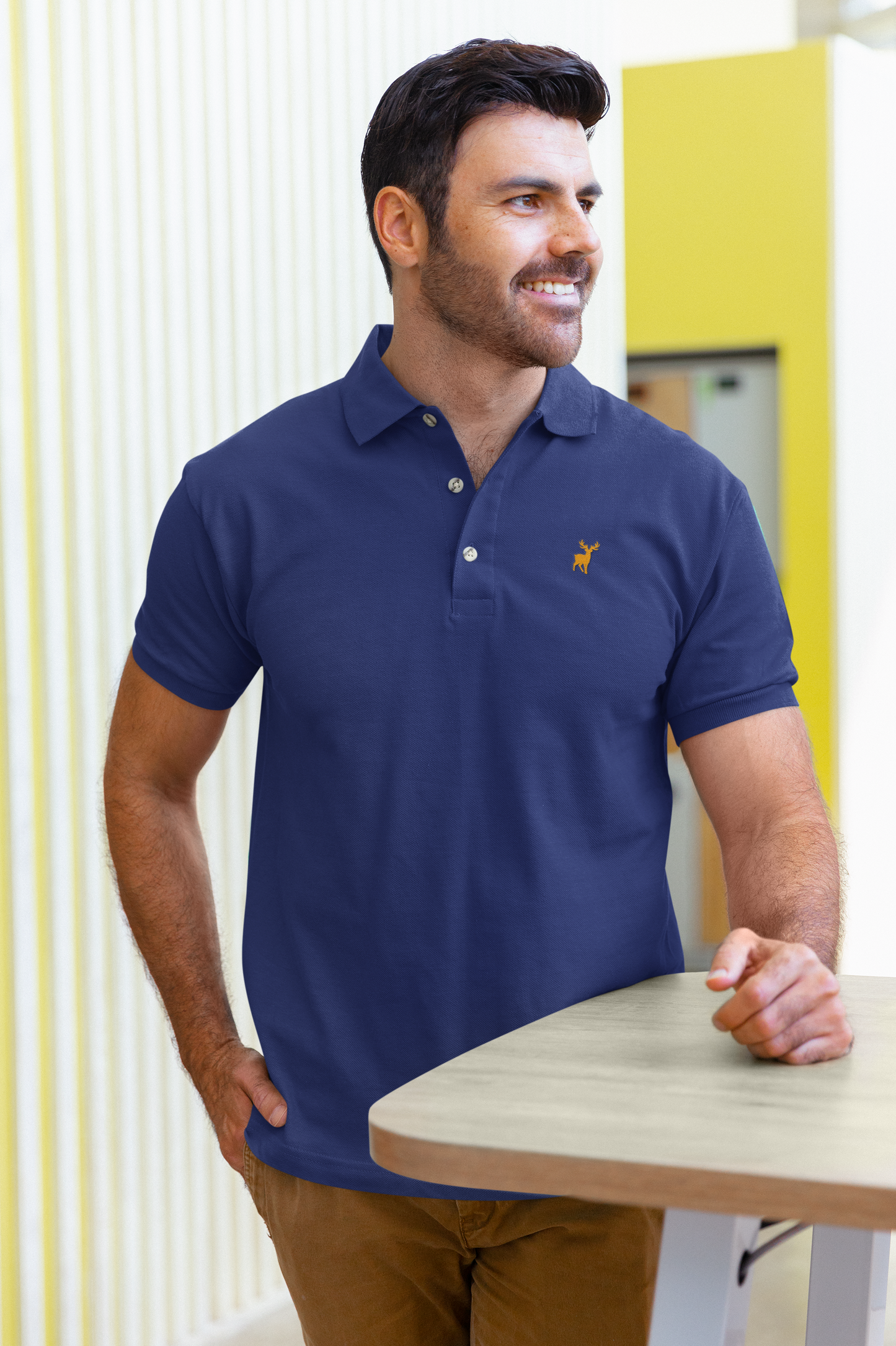 Classic ATOM Yellow Logo Royal Blue Polo Neck T-Shirt For Men