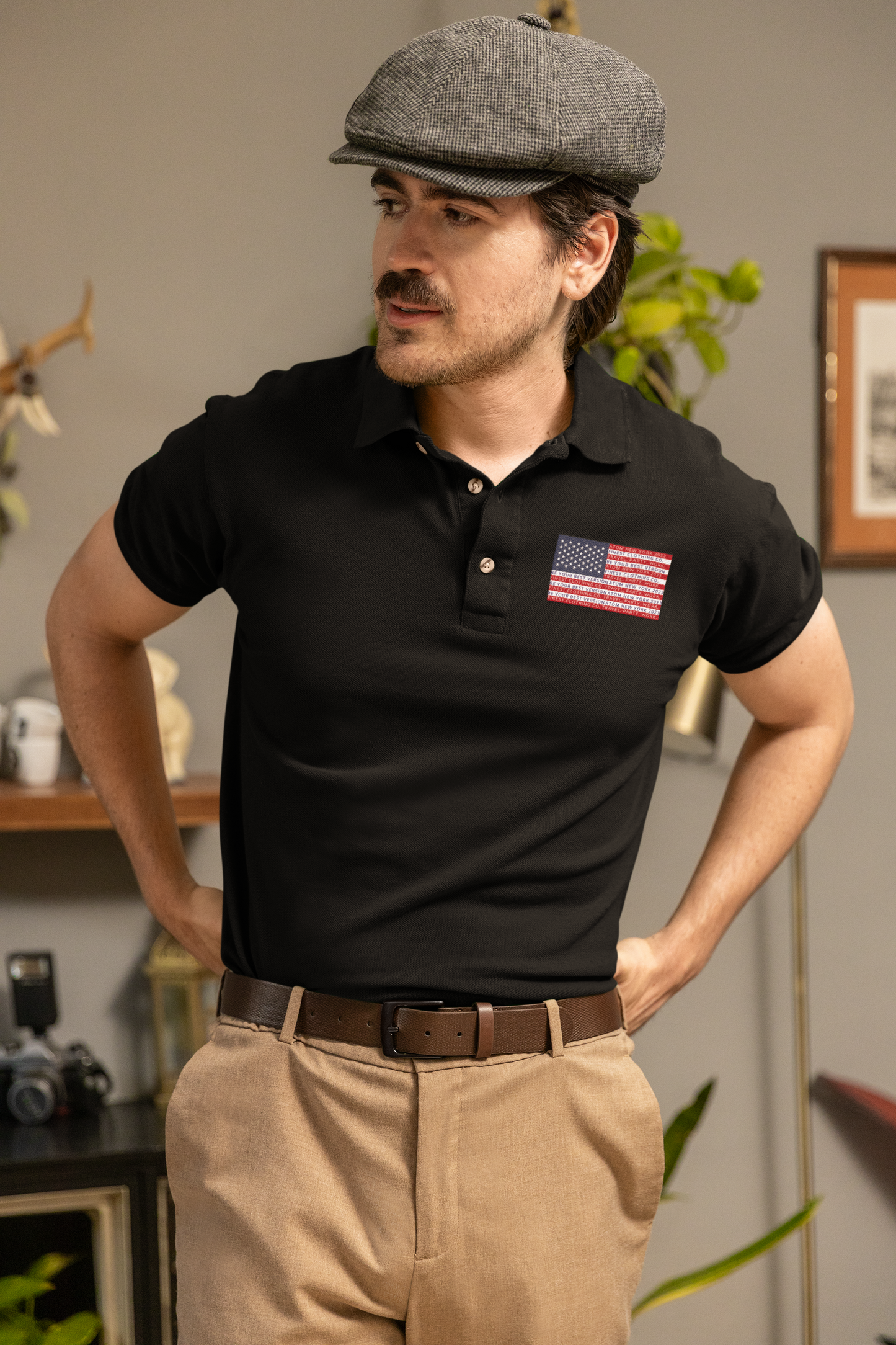 Classic ATOM US Flag Embedded Text Black Polo Neck T-Shirt For Men