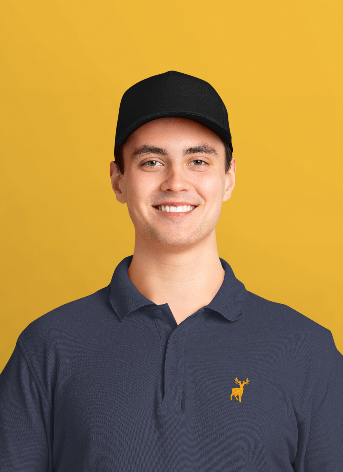 Classic ATOM Yellow Logo Navy Blue Polo Neck T-Shirt For Men