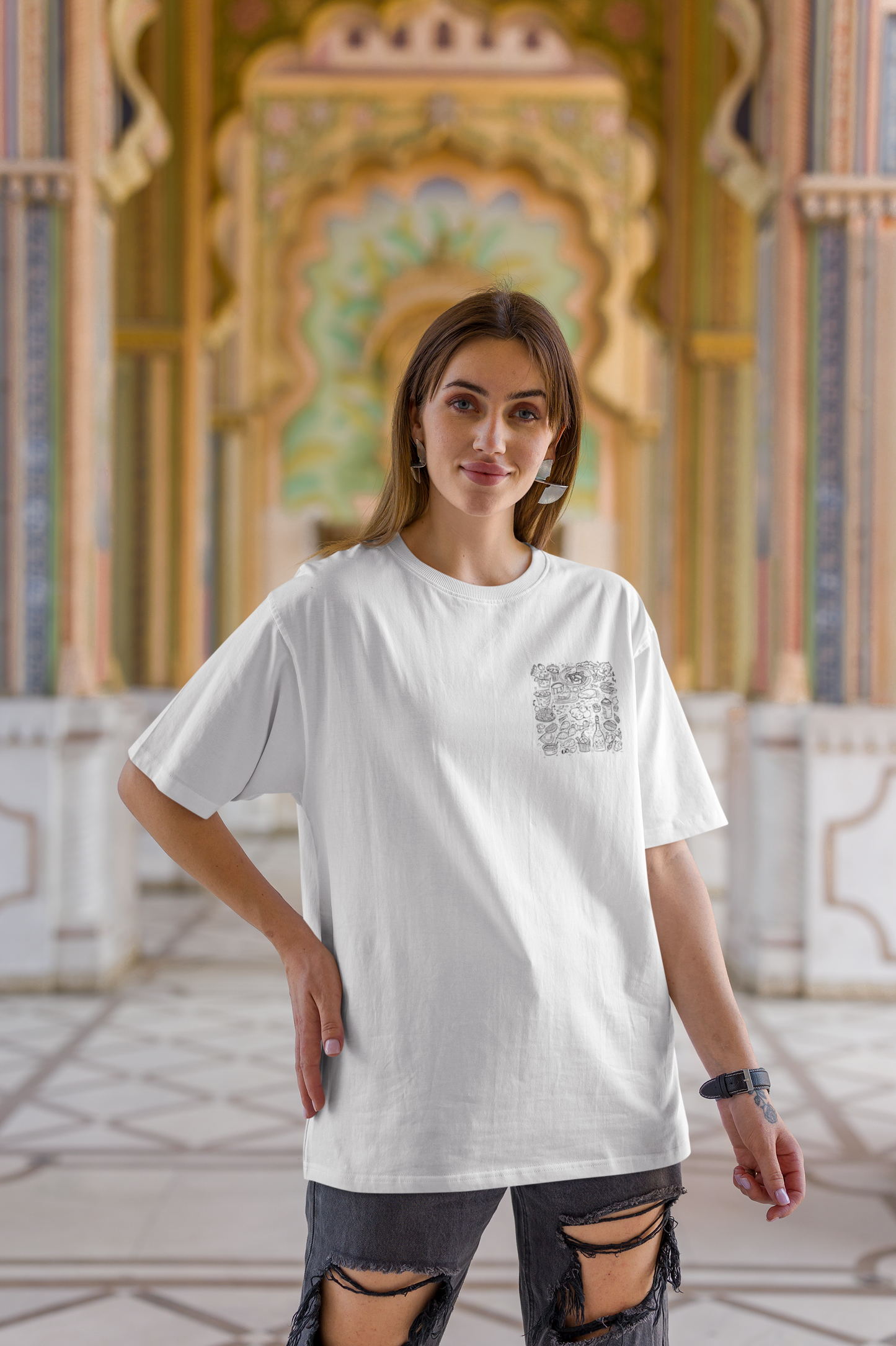 Food Doodle French Terry Oversized White Unisex T-Shirt | Masterchef Gurkirat Collection | ATOM