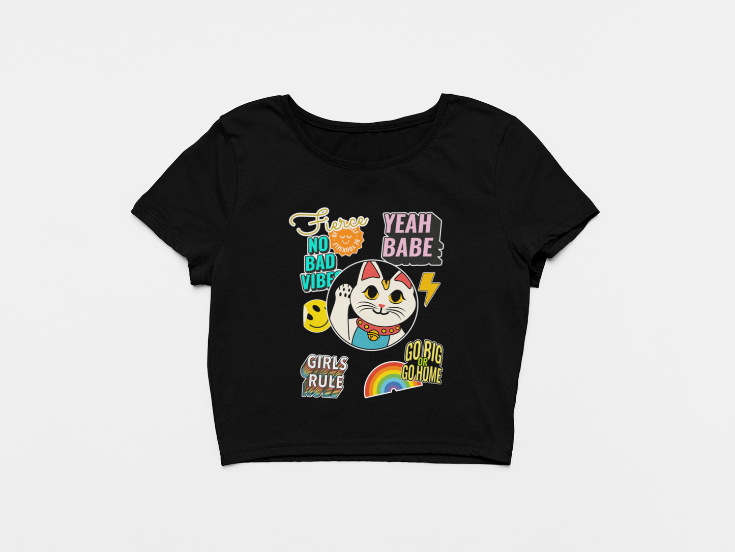 Yeah Babe Sticker Print Black Crop Top For Women