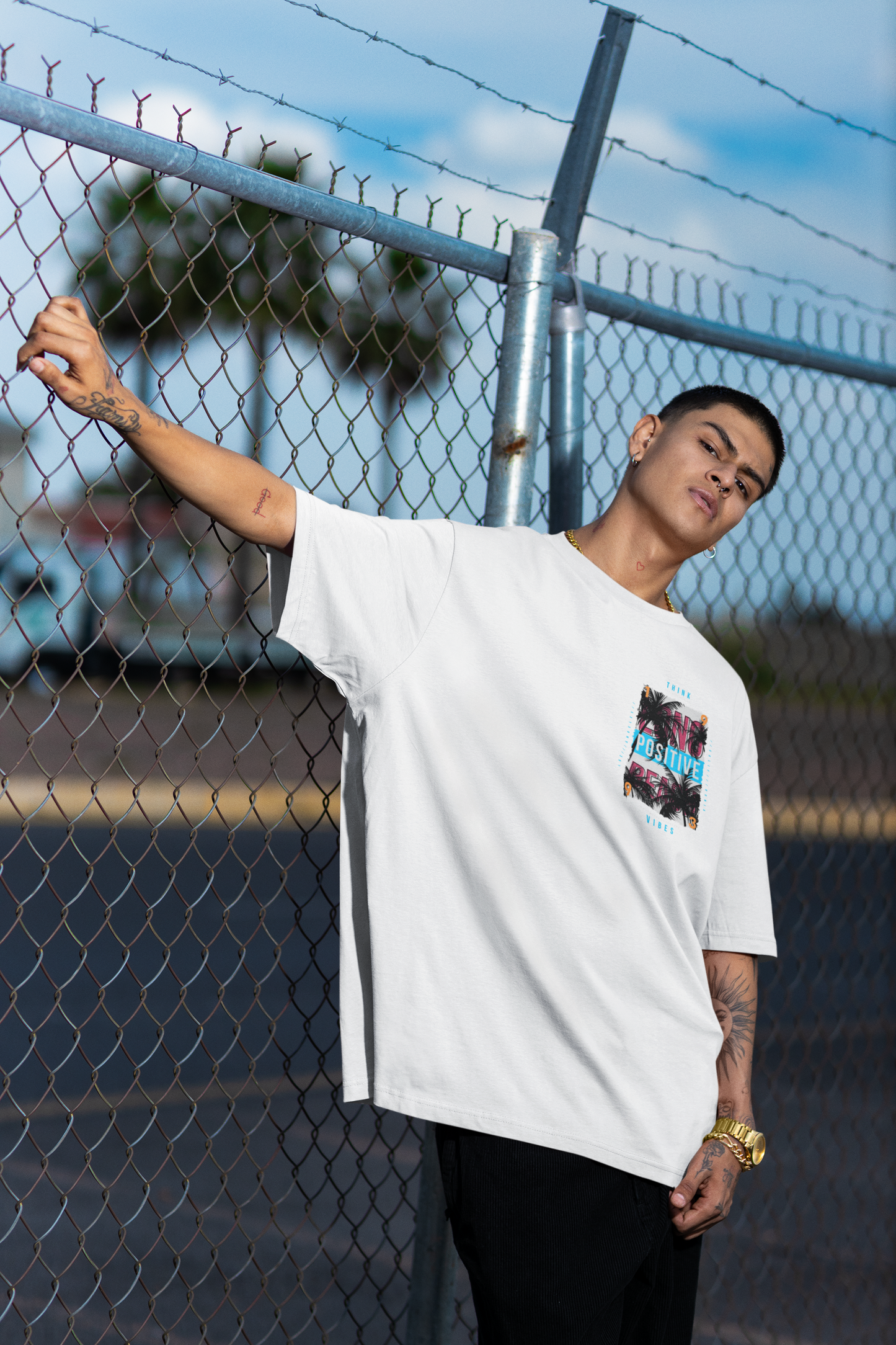 Think Positive Vibes White Oversized T-Shirt For Men