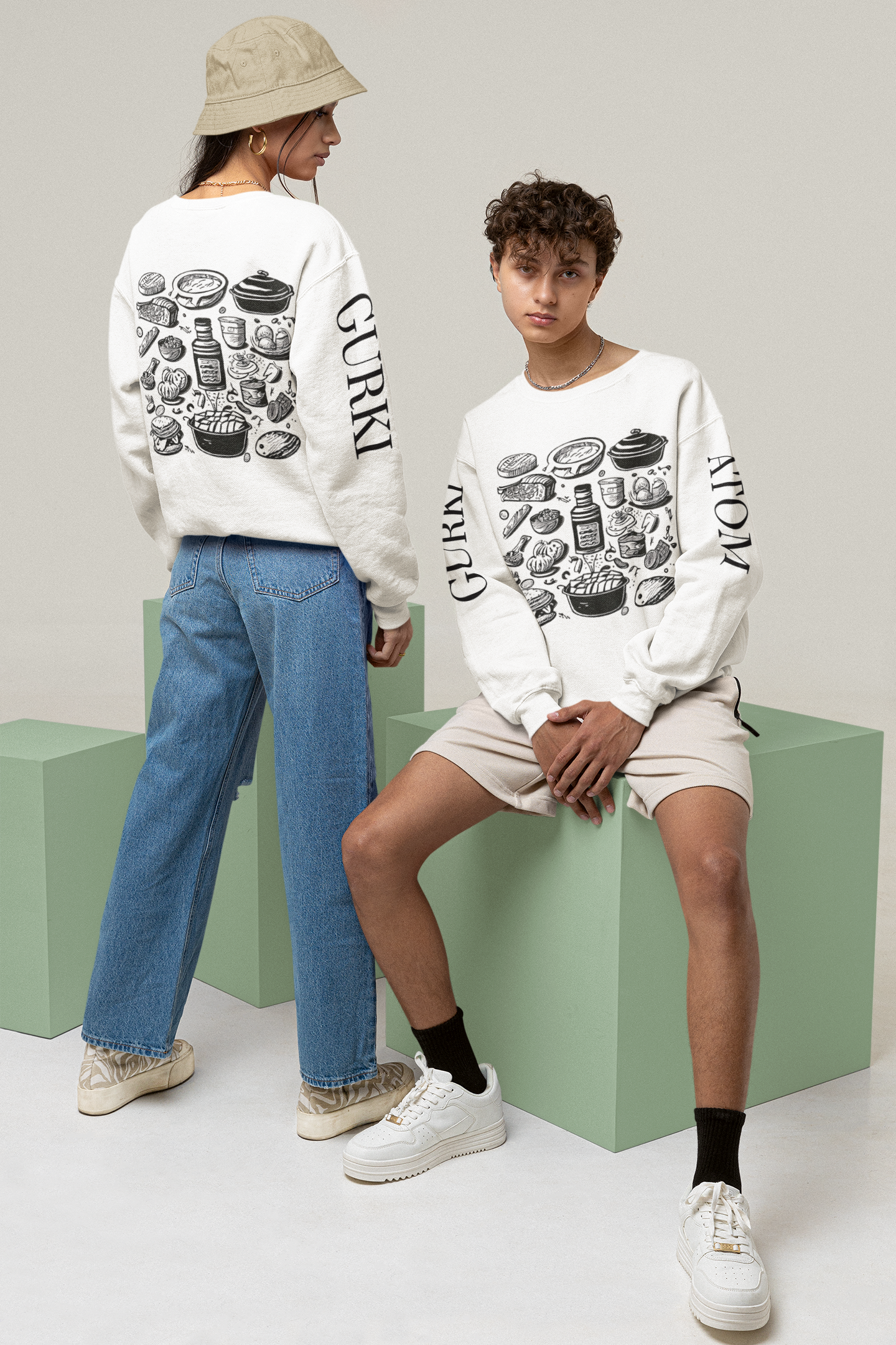 Food Doodle Front And Back Crew Neck Unisex White Sweatshirt | Masterchef Gurkirat Collection