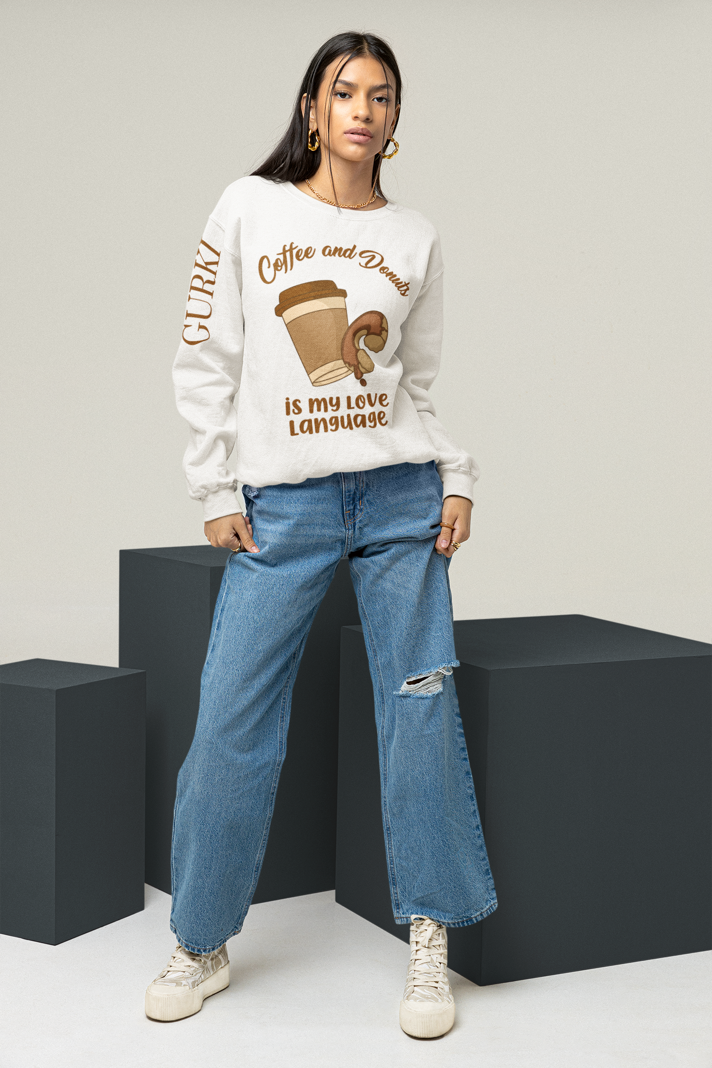 Coffee And Donuts Crew Neck Unisex White Sweatshirt | Masterchef Gurkirat Collection