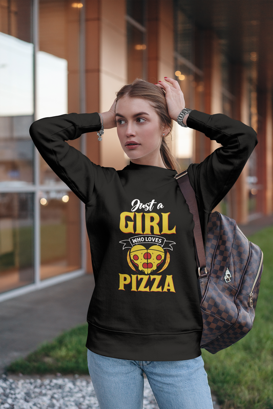 Just A Girl Who Loves Pizza Crew Neck Unisex Black Sweatshirt For Women | Masterchef Gurkirat Collection