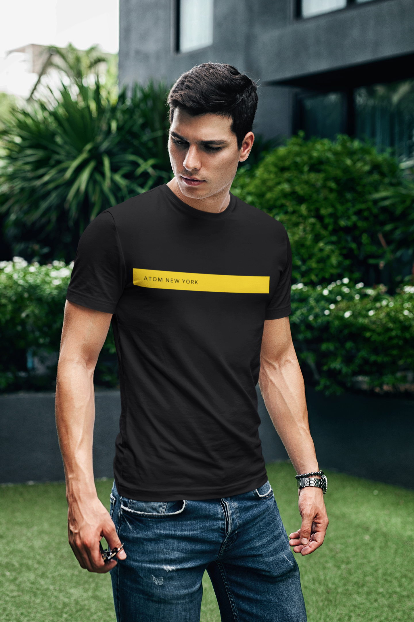 ATOM Signature Horizontal Yellow Bar Black T-Shirt For Men