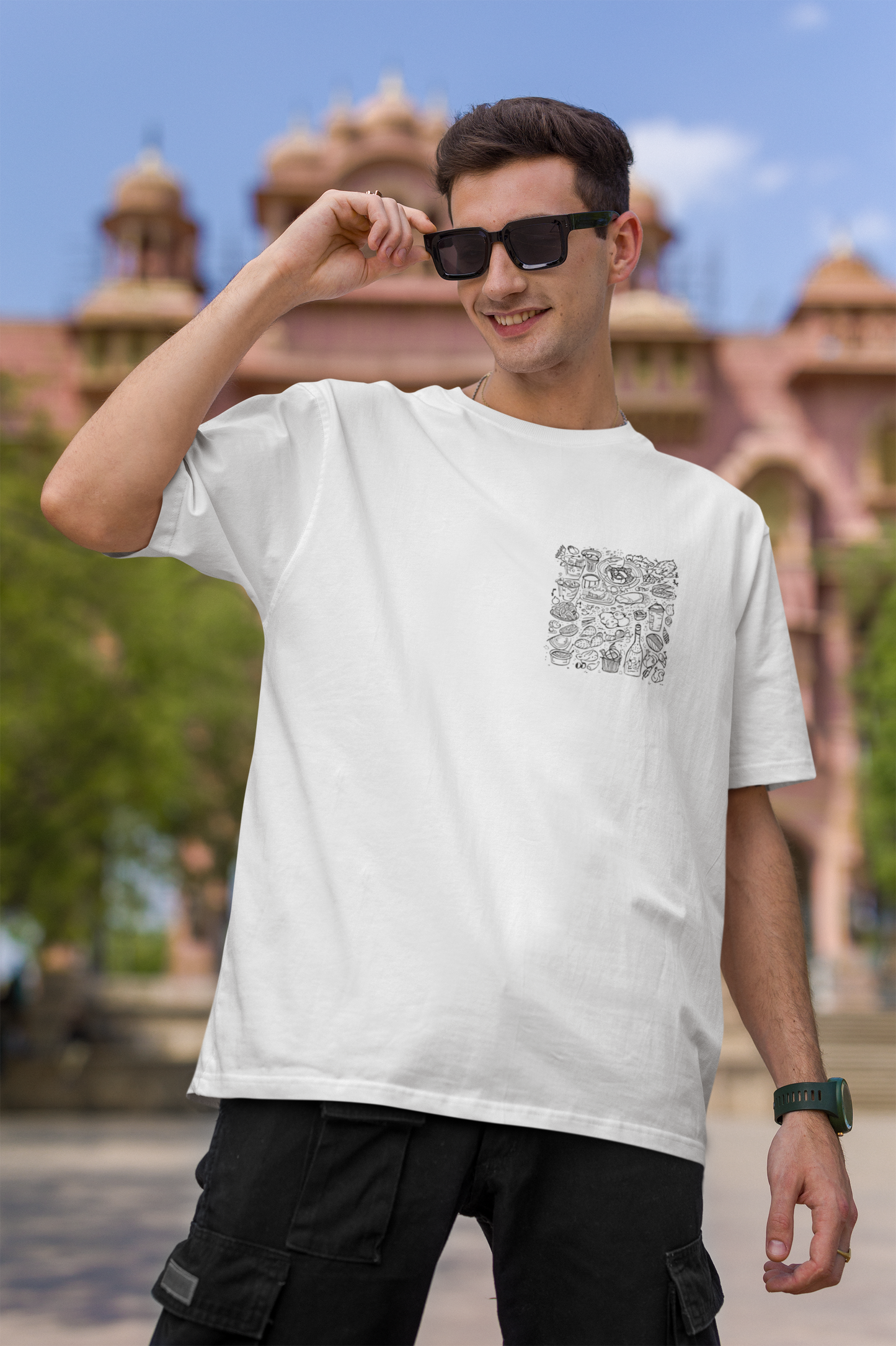 Food Doodle French Terry Oversized White Unisex T-Shirt | Masterchef Gurkirat Collection | ATOM