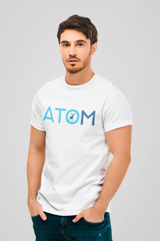 ATOM Signature Flat Blue Icon White Round Neck T-Shirt for Men.