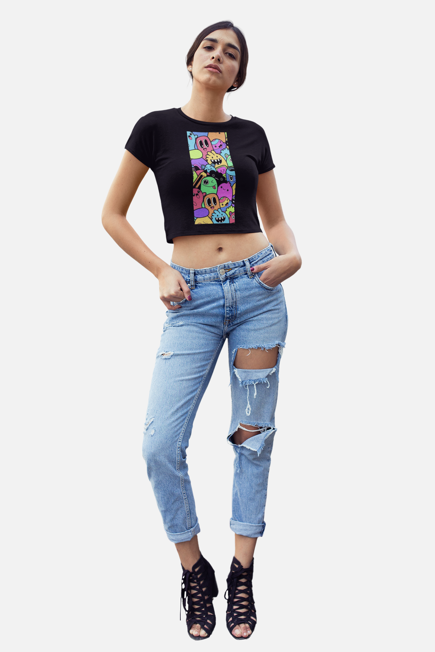 Alien Doodles Black Crop Top For Women