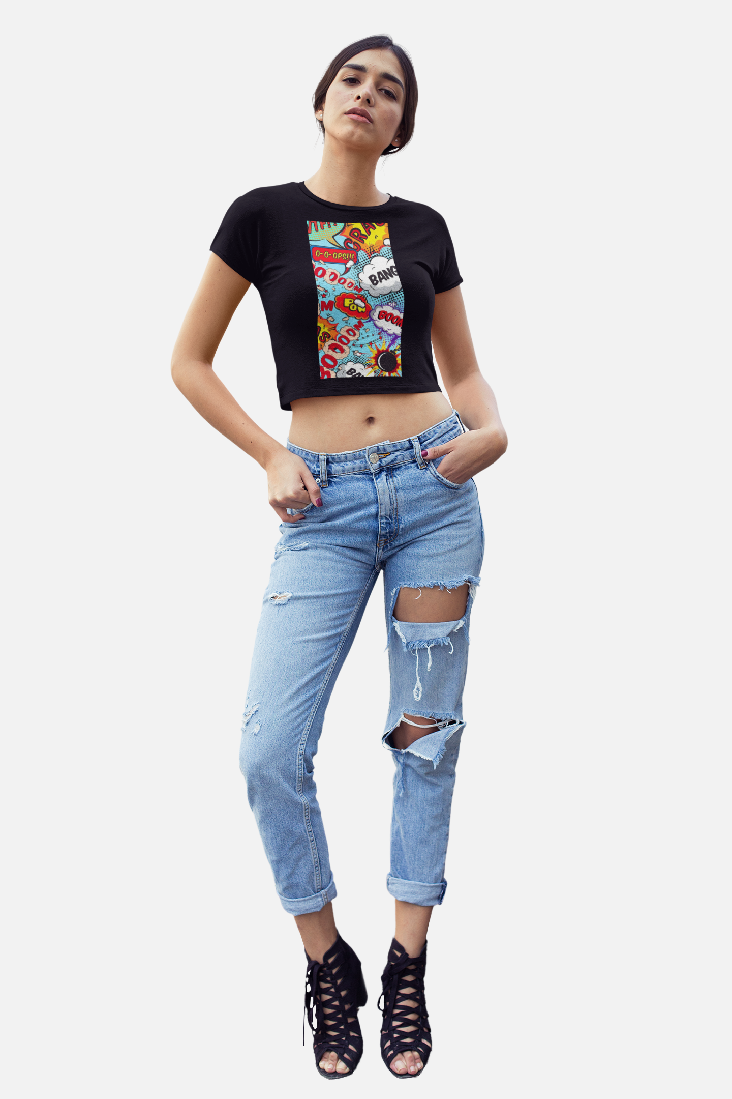 Comic Quotes Black Crop Top For Women