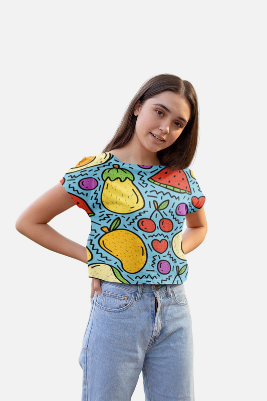 Illustrated Fruits Print Crop Top For Women