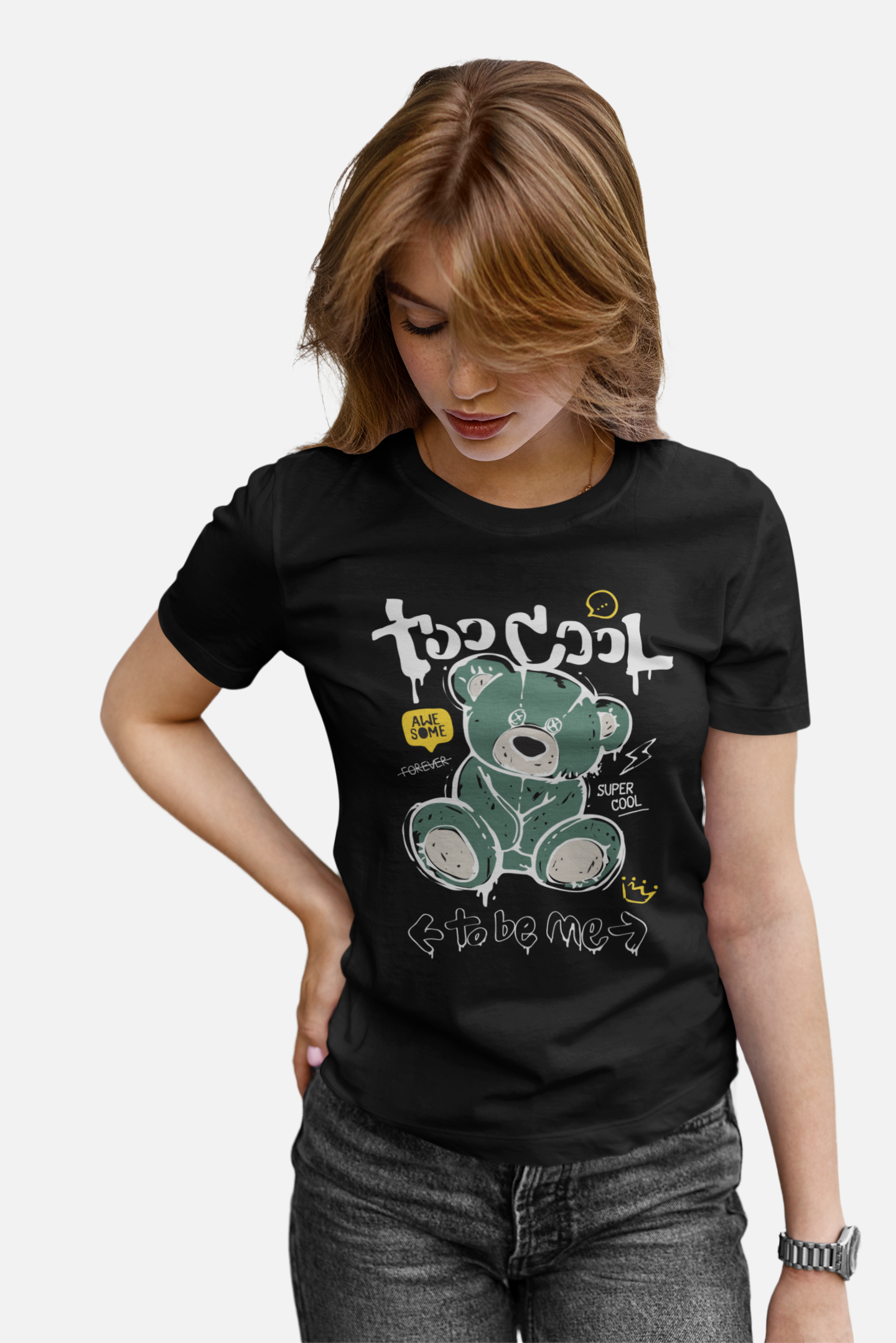 Too Cool Bear Black T-Shirt For Women
