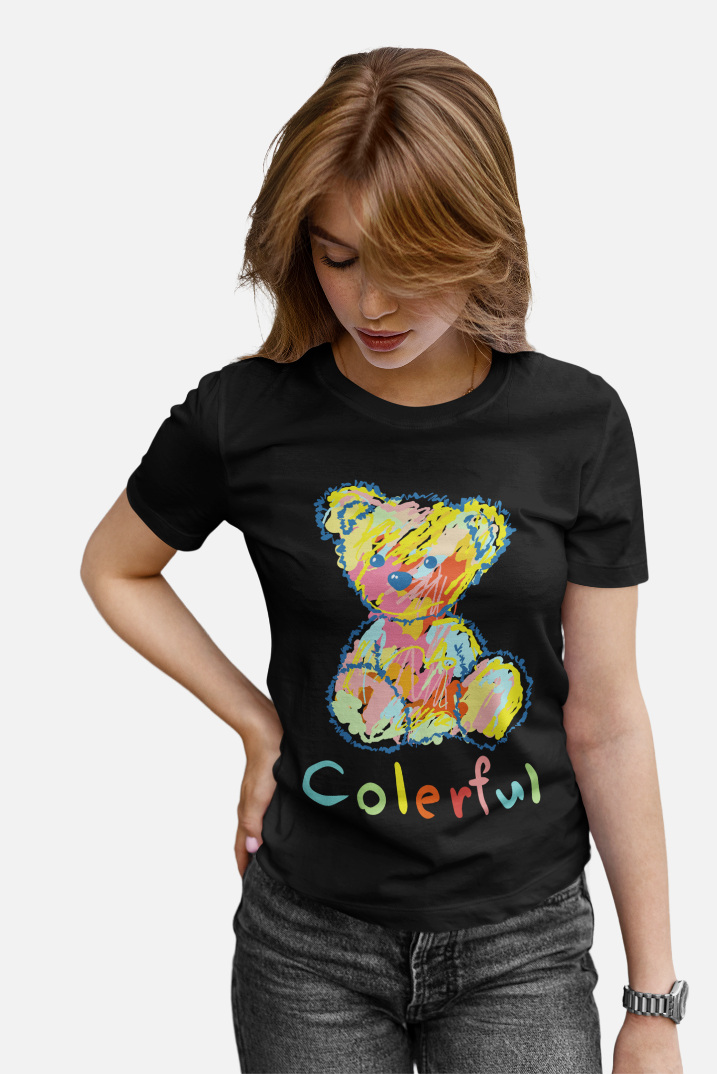 Colerful Bear Black T-Shirt For Women