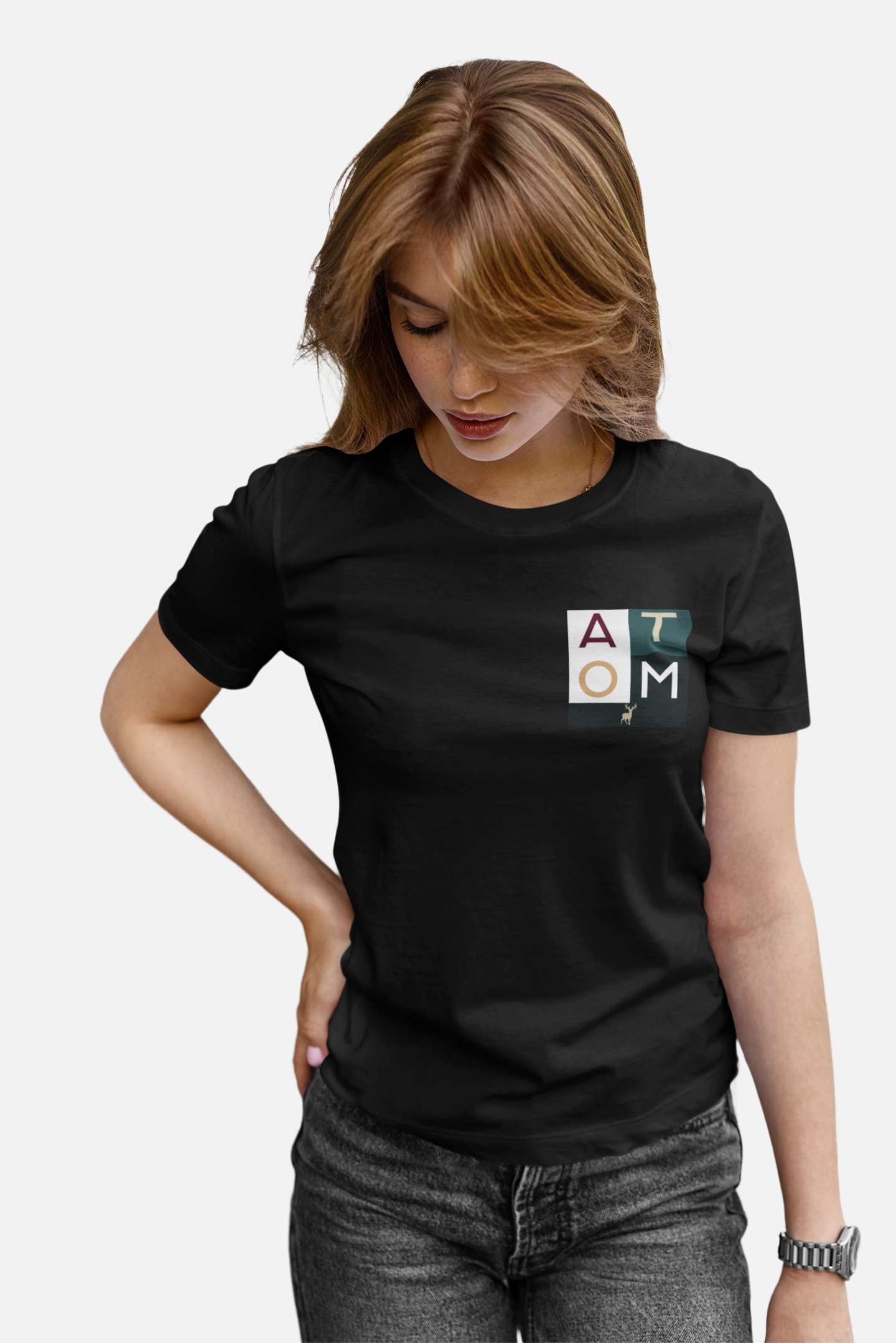 ATOM Signature Pocket Square Logo Black T-Shirt for Women.