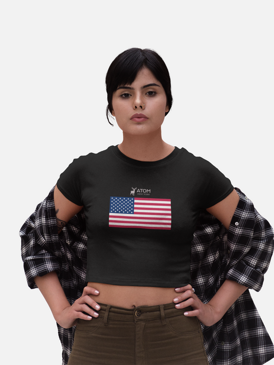 ATOM US Flag Signature Black Crop Top For Women